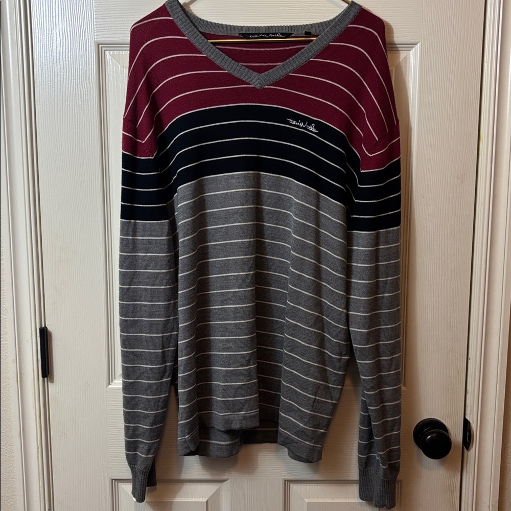 Travis Mathew Burgundy and Gray Striped Sweater